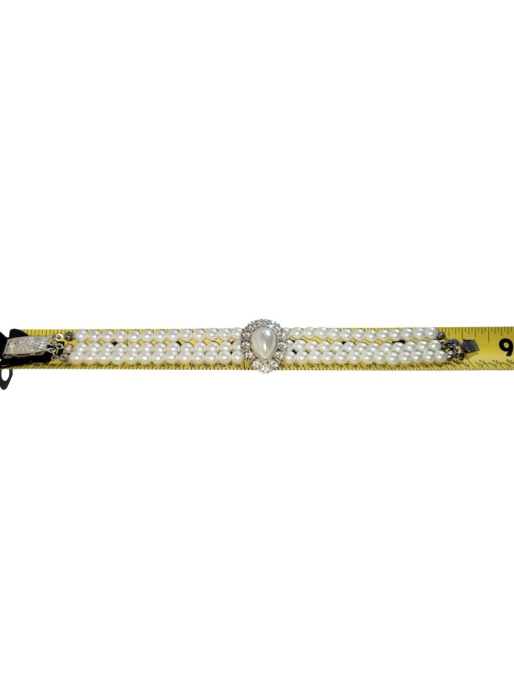 Faux Pearl With Tear Drop Crystal Cabochon Three Row Bracelet Silver Tone Clasp - Picture 9 of 10